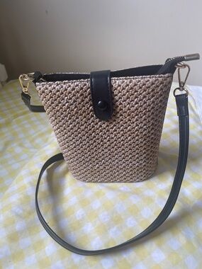 Woven Straw Crossbody Bag with Black Trim